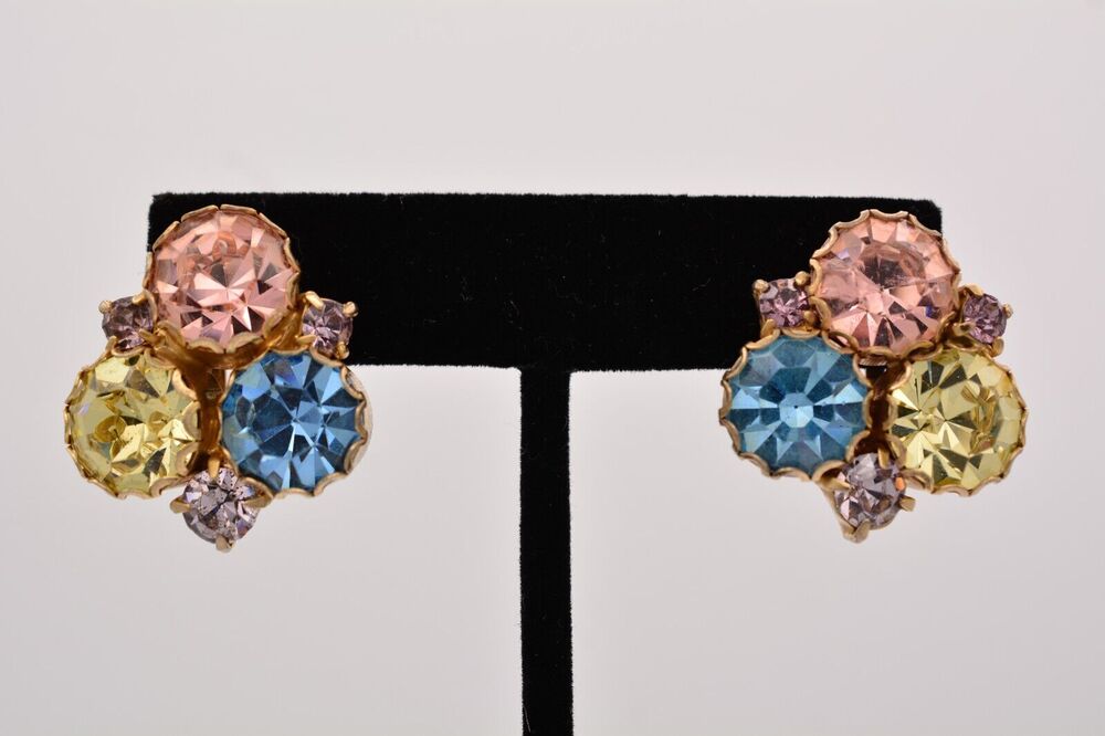 Vintage Crystal Clip On Earrings Pastel Pink Blue Yellow Purple Rhinestone BinAF